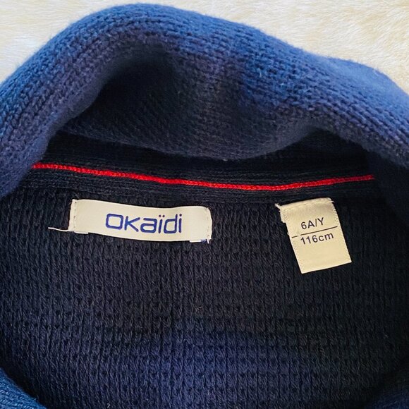 Okaidi Navy Cardigan Sweater Boy's Size 6 Thick Ribbed Pockets Shawl Collar - Picture 8 of 9
